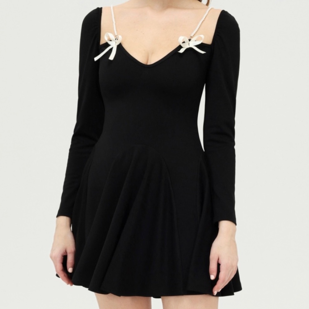 Black Pearl & Bow Detail Mini Dress